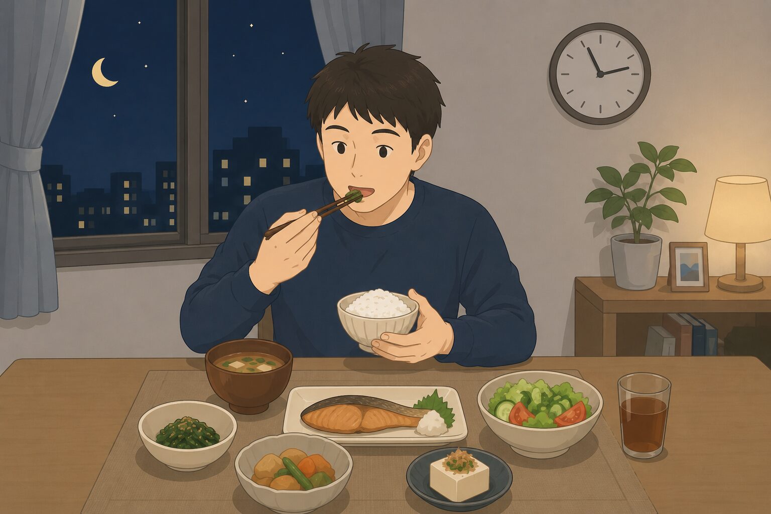 夜の食卓、月明かりと家庭料理
