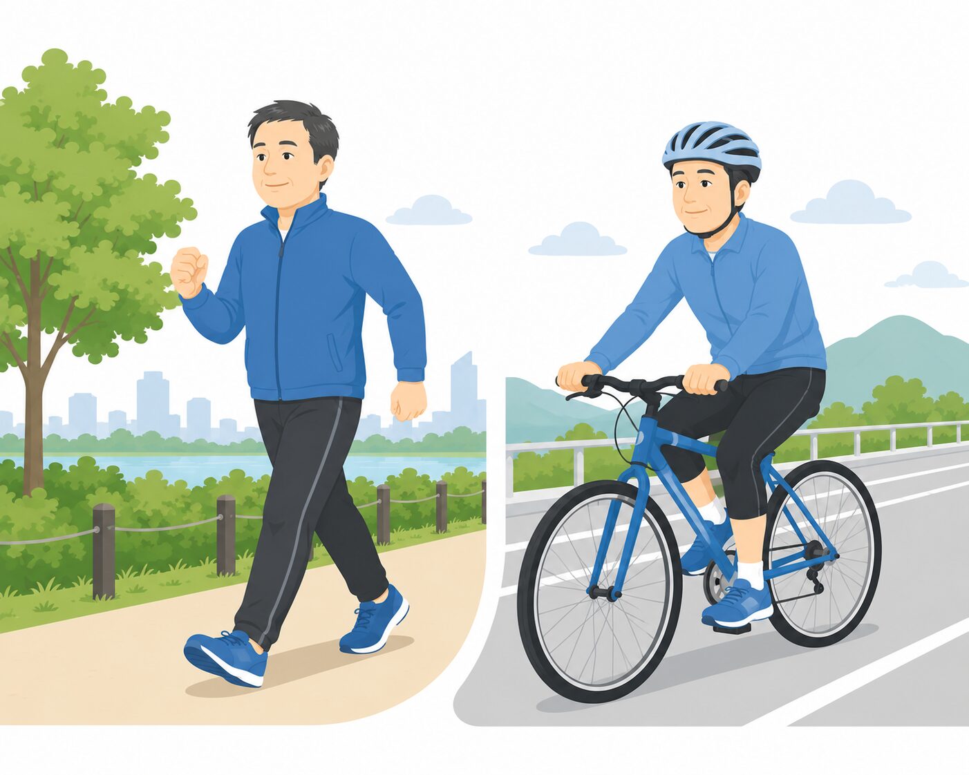 公園でのウォーキングとサイクリング