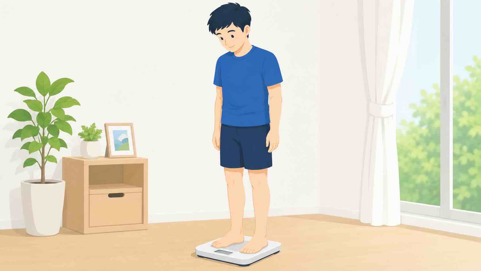 体重計に立つ青年と明るい室内