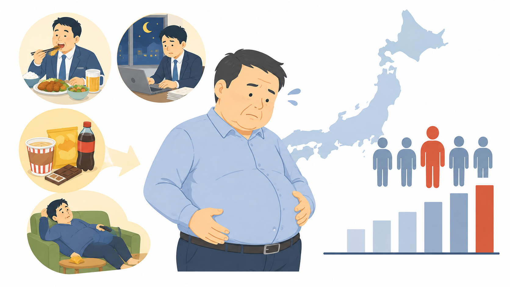日本の肥満問題を示す生活習慣インフォグラフィック