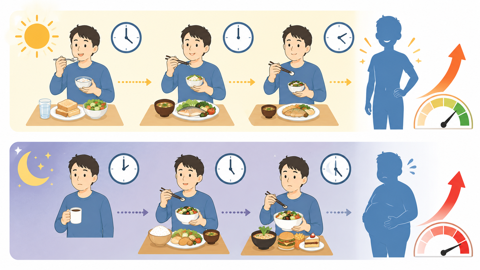 昼夜の食事リズム比較イラスト
