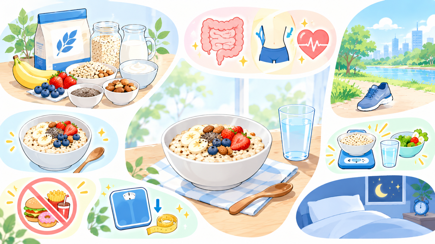 健康的オートミール朝食コラージュ