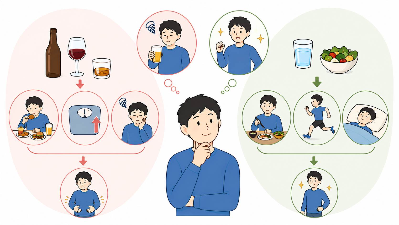 飲酒習慣と健康的な選択の対比